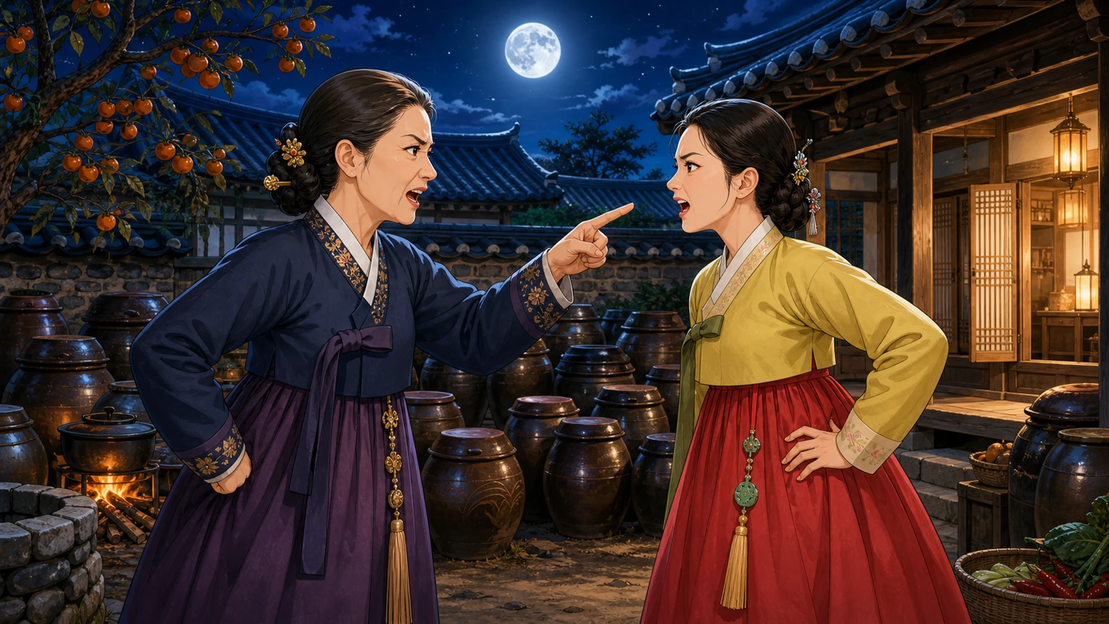 달밤 한옥 마당 장독대 앞에서 서로 언성을 높이며 대립하는 시어머니와 며느리 웹툰 삽화